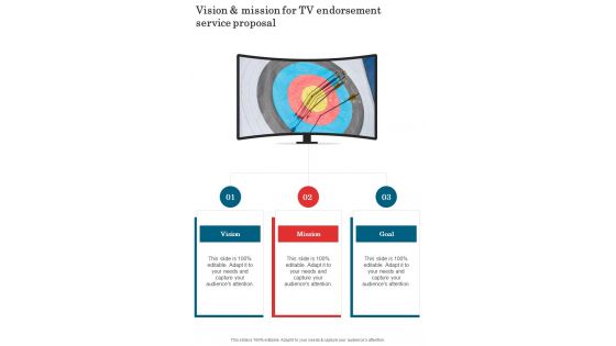Vision And Mission For Tv Endorsement Service Proposal One Pager Sample Example Document