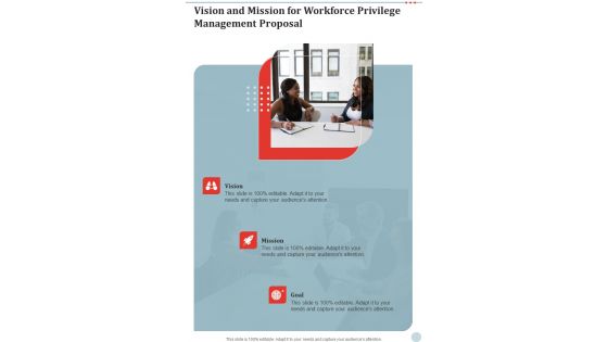 Vision And Mission For Workforce Privilege Management Proposal One Pager Sample Example Document
