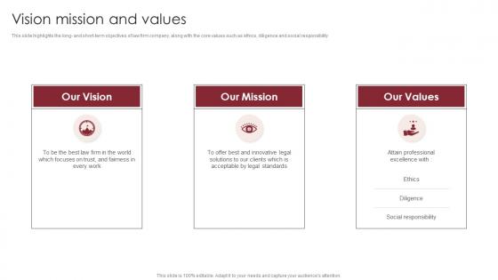 Vision Mission And Values Global Legal Services Company Profile Ppt Slides Graphics Tutorials