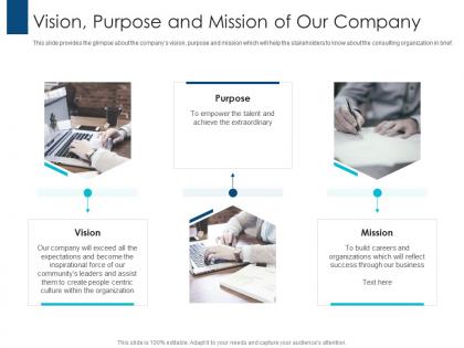 Vision purpose and mission of our company pitching for consulting services ppt tips