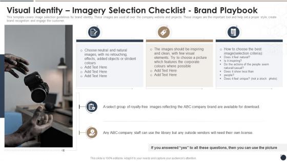 Visual Identity Imagery Selection Checklist Brand Playbook Ppt Infographic Template Slide