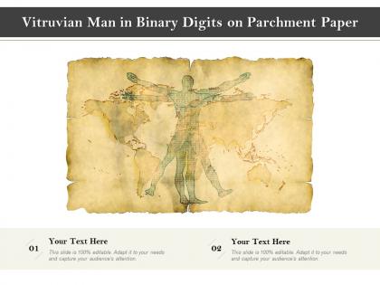 Vitruvian man in binary digits on parchment paper