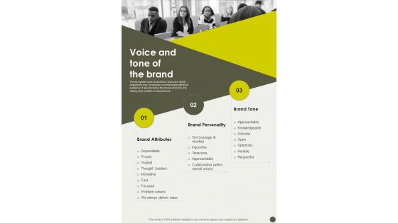 Voice And Tone Of The Brand Playbook One Pager Sample Example Document