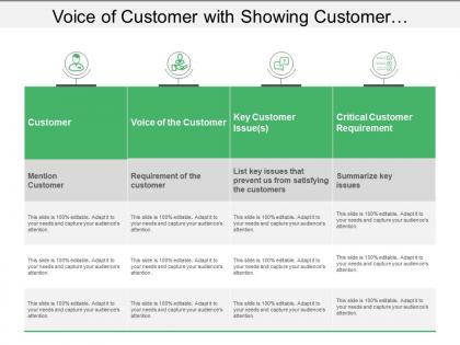 Voice of customer with showing customer requirements and key issues