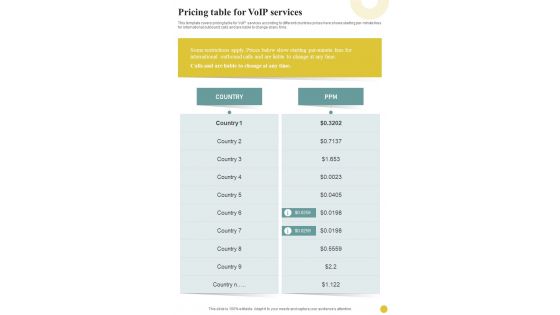 Voip Infrastructure And Services Pricing Table For Voip Services One Pager Sample Example Document