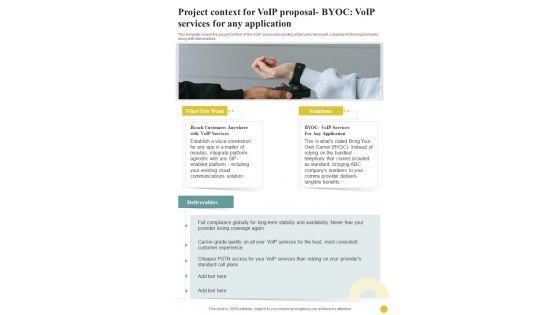 Voip Infrastructure And Services Project Context Byoc Voip Services Any One Pager Sample Example Document