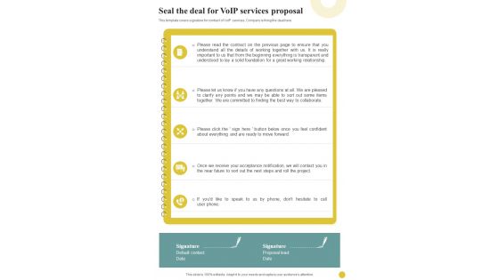 Voip Infrastructure And Services Seal The Deal For Voip Services Proposal One Pager Sample Example Document