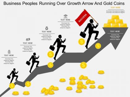 Wa business peoples running over growth arrow and gold coins flat powerpoint design