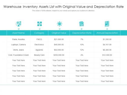 Warehouse inventory assets list with original value and depreciation rate