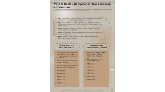 Ways To Deploy Competency Based Learning In Classroom One Pager Sample Example Document