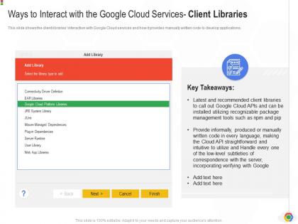 Ways to interact with the google cloud services client libraries google cloud it ppt elements