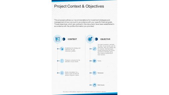 Wealth Advisory Proposal Project Context And Objectives One Pager Sample Example Document