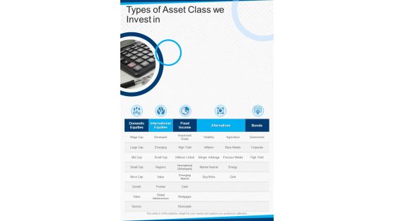 Wealth Advisory Proposal Types Of Asset Class We Invest In One Pager Sample Example Document
