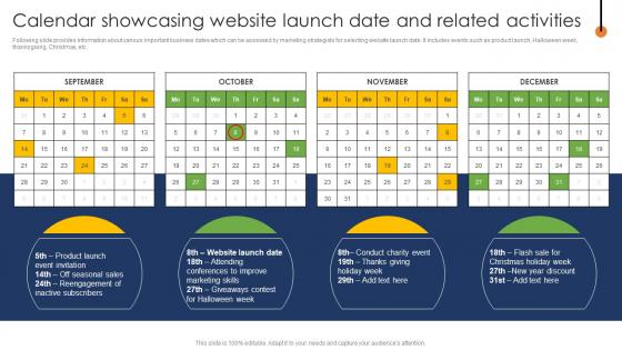 Web Page Designing Calendar Showcasing Website Launch Date And Related Activities