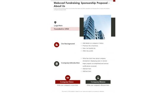 Webcast Fundraising Sponsorship Proposal About Us One Pager Sample Example Document