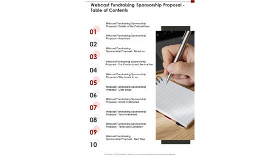 Webcast Fundraising Sponsorship Proposal Table Of Contents One Pager Sample Example Document