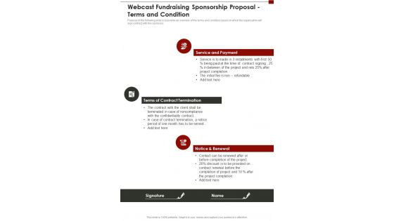 Webcast Fundraising Sponsorship Proposal Terms And Condition One Pager Sample Example Document