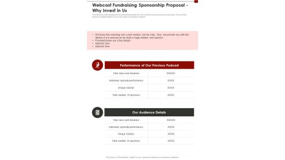 Webcast Fundraising Sponsorship Proposal Why Invest In Us One Pager Sample Example Document
