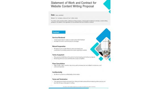 Website Content Writing For Statement Of Work And Contract One Pager Sample Example Document