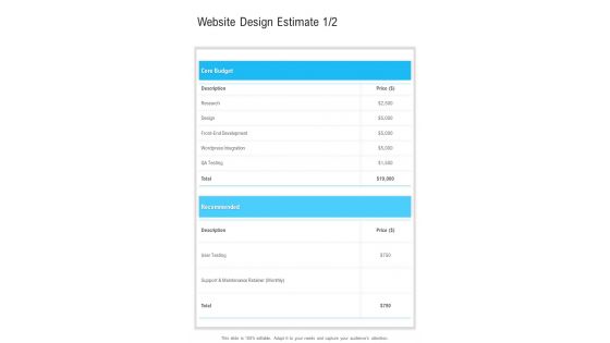 Website Design Estimate One Pager Sample Example Document