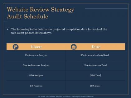 Website review strategy audit schedule analysis ppt file elements