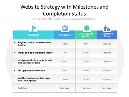 Website strategy with milestones and completion status