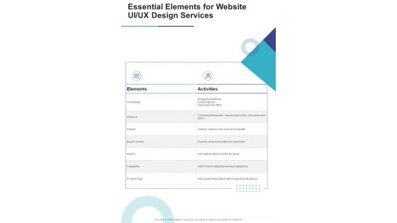 Website UI UX Design Services Essential Elements One Pager Sample Example Document