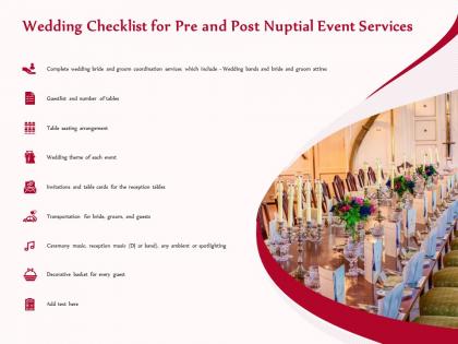 Wedding checklist for pre and post nuptial event services ppt infographics