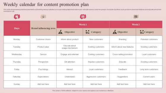 Weekly Calendar For Content Promotion Plan