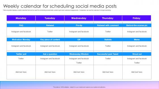 Weekly Calendar For Scheduling Social Media Posts Marketing Tactics To Improve Brand