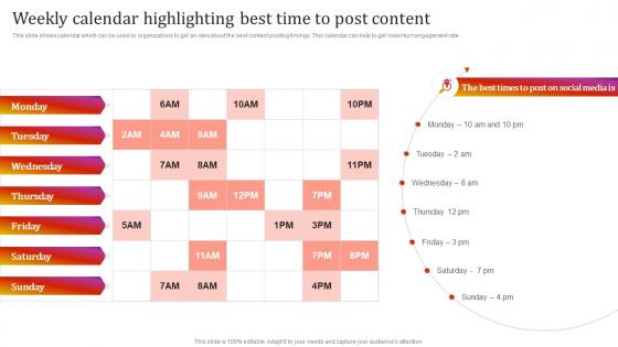 Weekly Calendar Highlighting Best Time To Post Content Instagram Marketing To Grow Brand Awareness