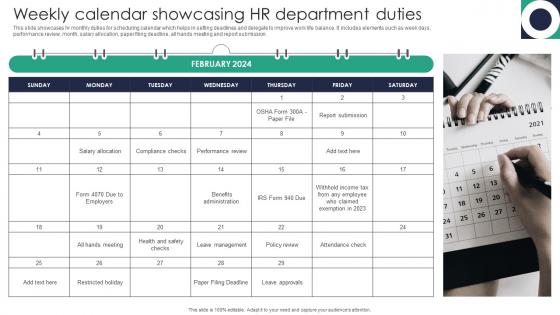 Weekly Calendar Showcasing HR Department Duties