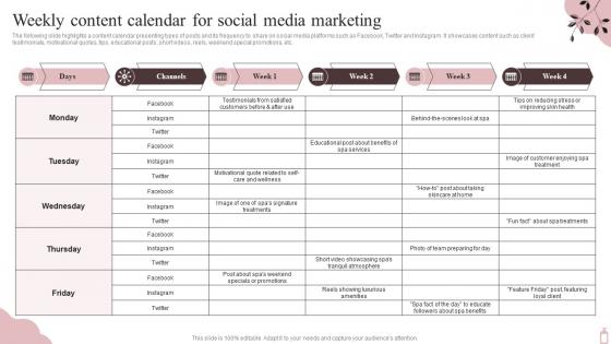 Weekly Content Calendar For Social Media Marketing Plan To Maximize SPA Business Strategy SS V
