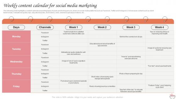 Weekly Content Calendar For Social Media Marketing Strategies For Spa Business Strategy SS V