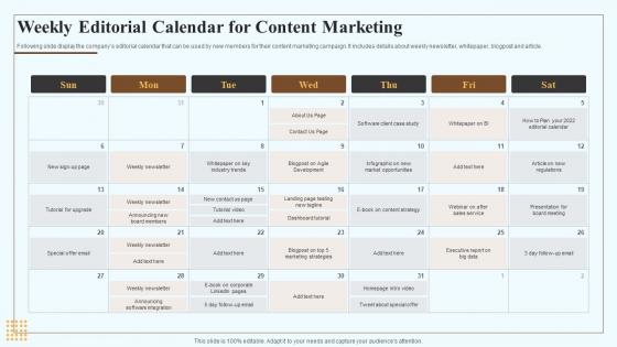 Weekly Editorial Calendar For Content Marketing Marketing Playbook For Content Creation