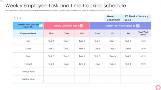Weekly employee task and time tracking schedule