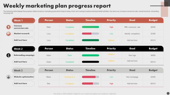 Weekly Marketing Plan Progress Report