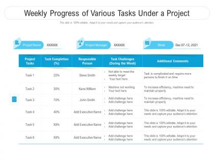 Weekly progress of various tasks under a project