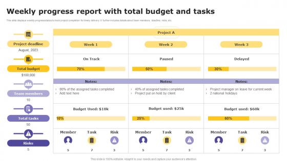 Weekly Progress Report With Total Budget And Tasks