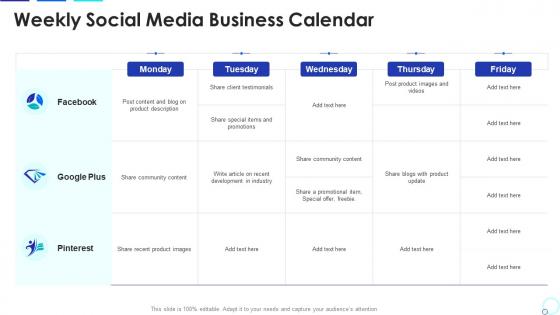 Weekly social media business calendar