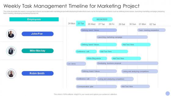 Weekly Task Management Timeline For Marketing Project