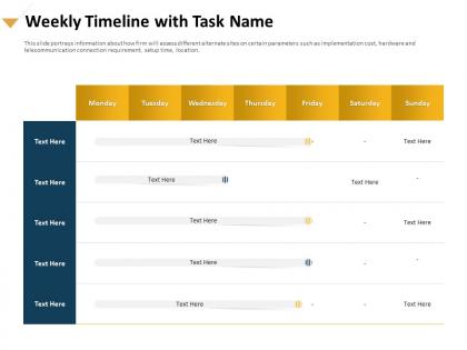 Weekly timeline with task name connection requirement ppt presentation picture