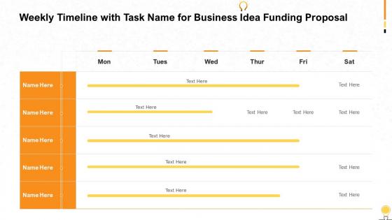 Weekly timeline with task name for business idea funding proposal