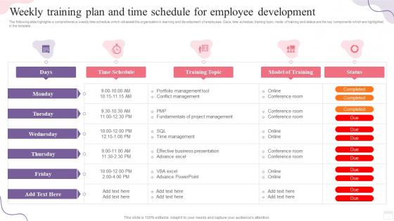 Weekly Training Plan And Time Schedule For Employee Development