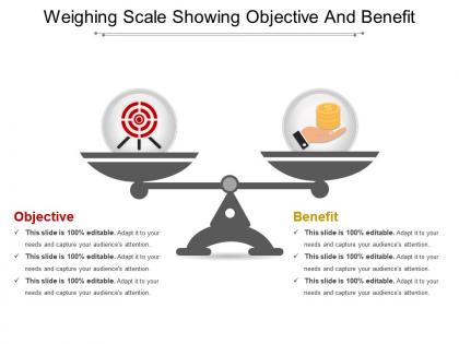 Weighing scale showing objective and benefit powerpoint layout