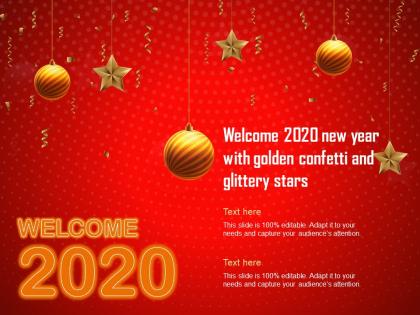 Welcome 2020 new year with golden confetti and glittery stars ppt rules