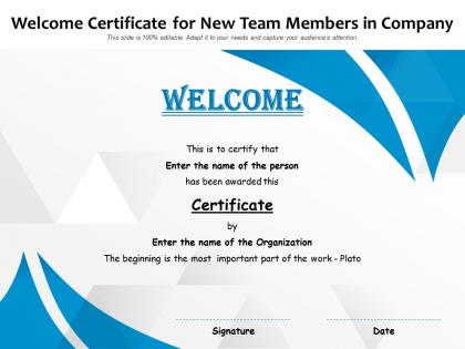 Welcome certificate for new team members in company