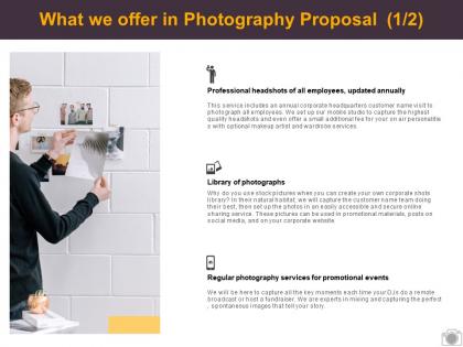 What we offer in photography proposal promotional ppt powerpoint presentation