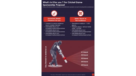 Whats In It For You For Cricket Game Sponsorship Proposal One Pager Sample Example Document