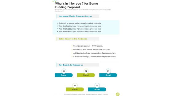 Whats In It For You For Game Funding Proposal One Pager Sample Example Document
